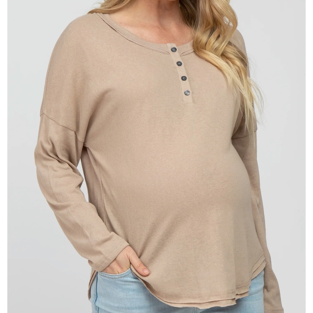 Taupe Button Front Raw Edge Maternity Top - Small